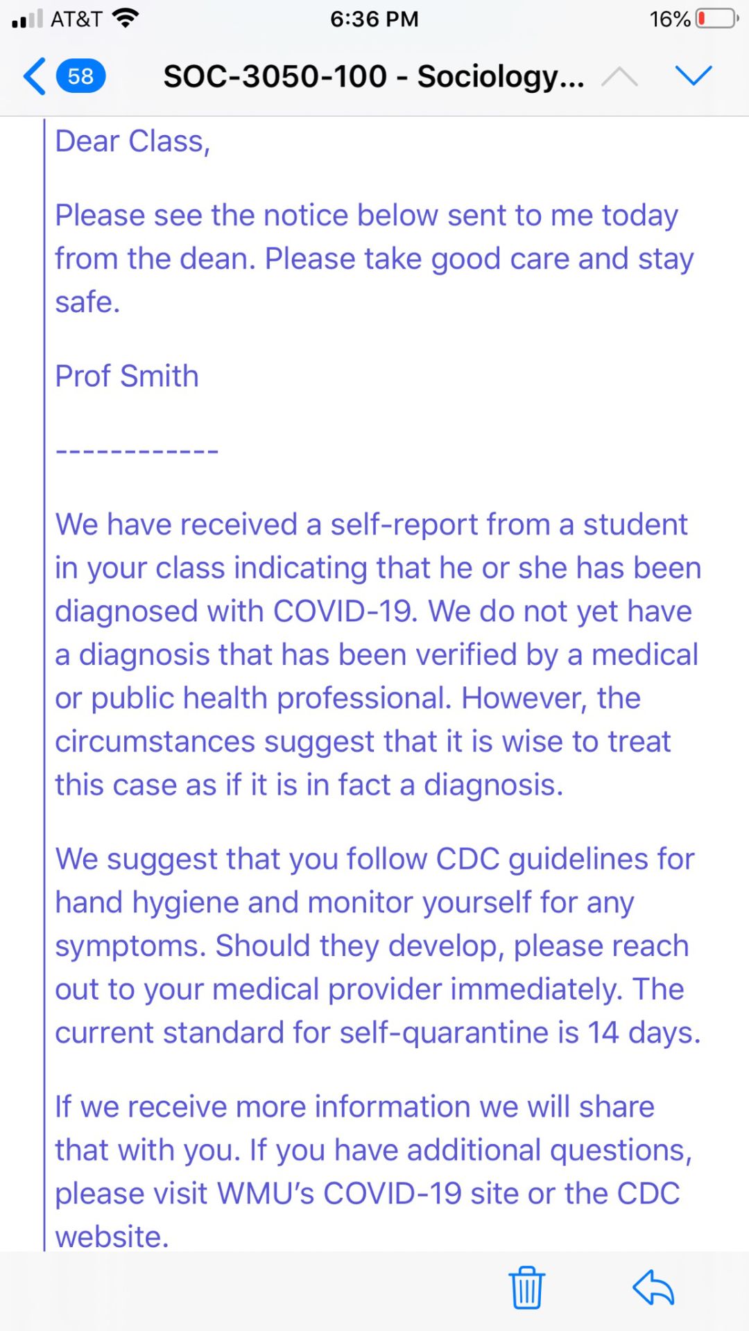 Email sent to students in sociology course with self-reporting COVID-19 victim